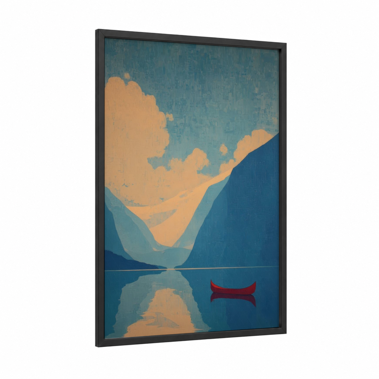 Mountain Kayak framed canoeing and kayaking print — black wood frame — blue and gold palette