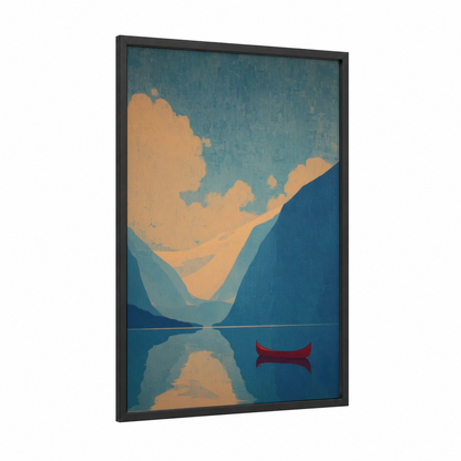 Mountain Kayak framed canoeing and kayaking print — black wood frame — blue and gold palette