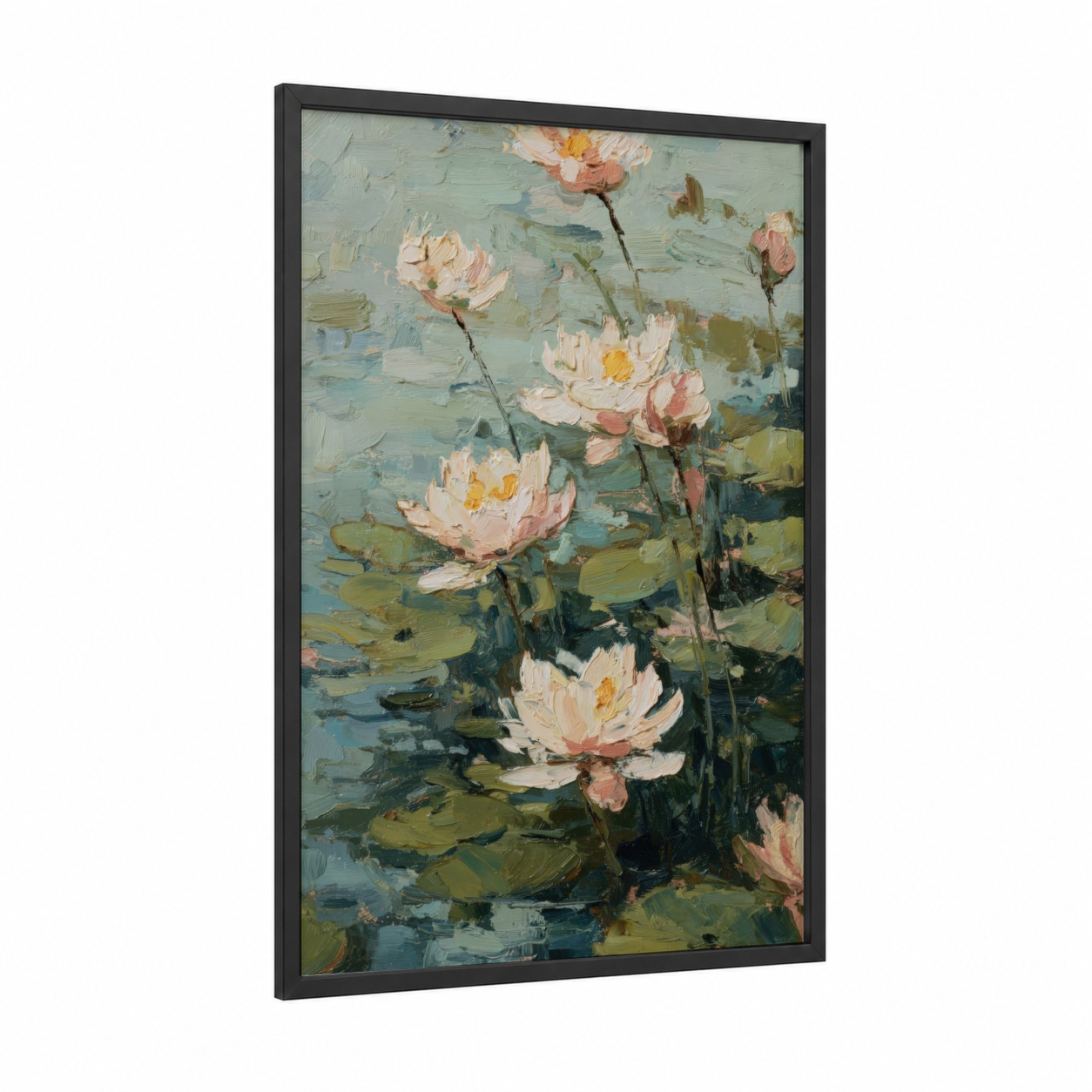 Pale Lotus Pond framed art print — black wood frame — sage green and blue and white palette