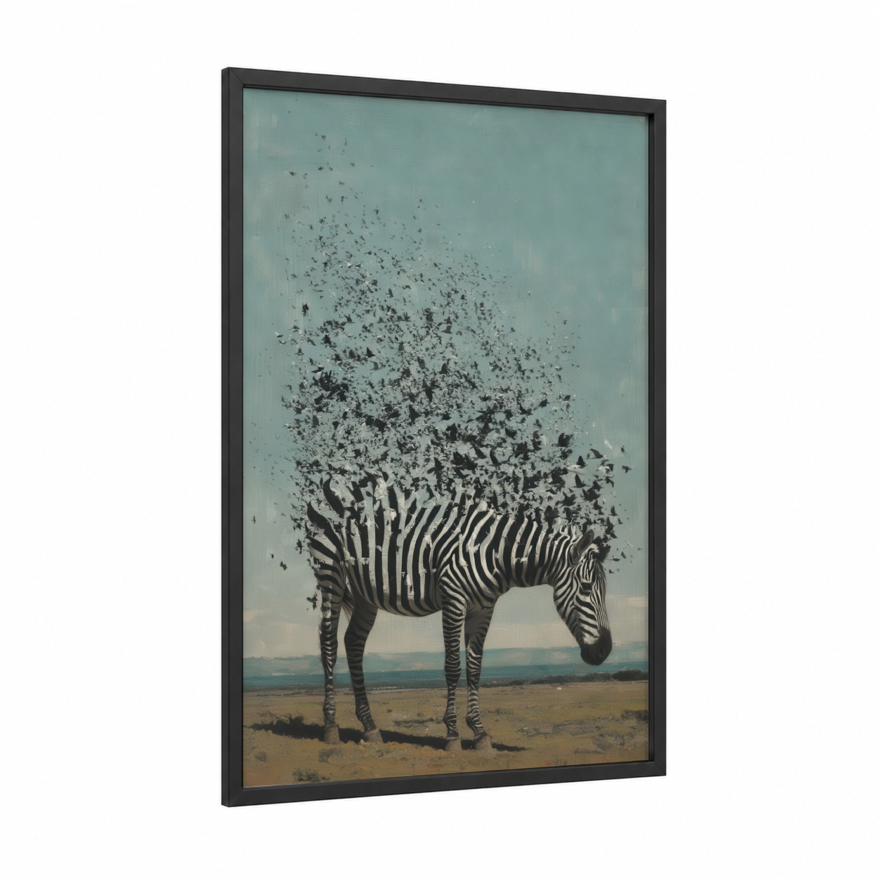 Dissolving Zebra framed art print — black wood frame — gray and pink and blue and gray palette