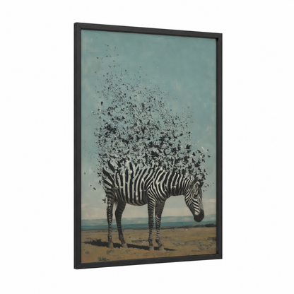 Dissolving Zebra framed art print — black wood frame — gray and pink and blue and gray palette