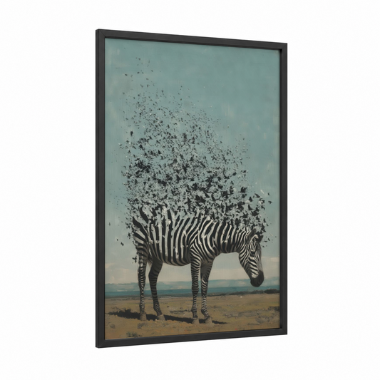 Dissolving Zebra framed art print — black wood frame — gray and pink and blue and gray palette