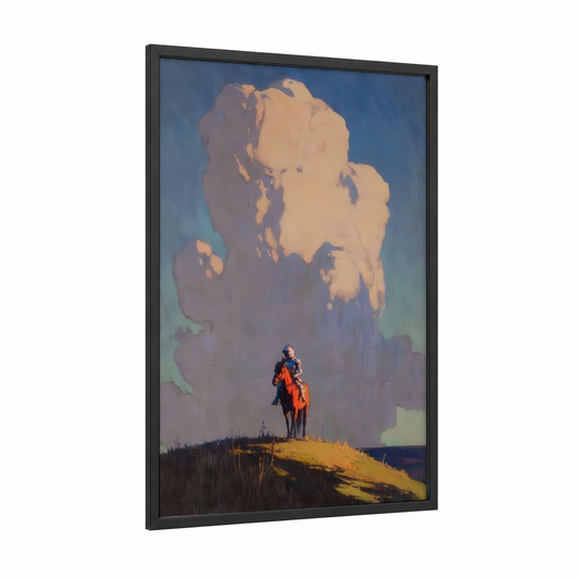 Solitary Sentinel framed miniature horse print — black wood frame — blue and gold palette