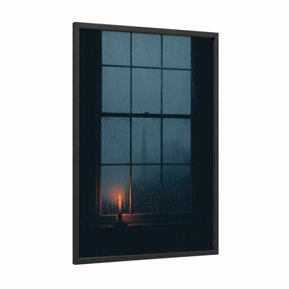 Rainy Nocturne Window framed art print — black wood frame — dark blue and gold palette