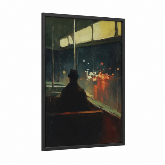 Nocturnal Bus Passenger framed art print — black wood frame — yellow gold and black palette