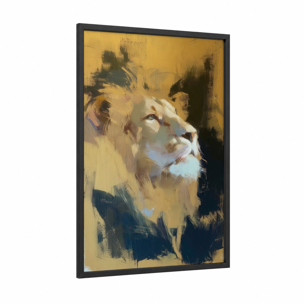 Golden Lion framed art print — black wood frame — gold and black palette