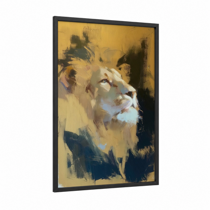 Golden Lion framed art print — black wood frame — gold and black palette