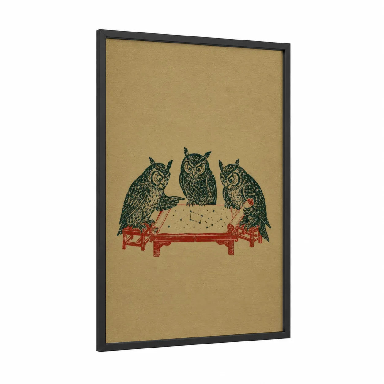 Japanese Owl Trio Wall Art framed art print — black wood frame — beige and dark green palette