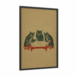 Japanese Owl Trio Wall Art framed art print — black wood frame — beige and dark green palette