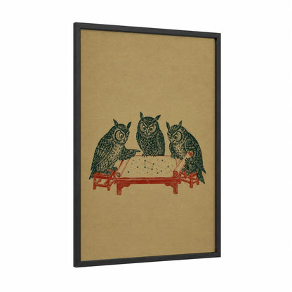 Japanese Owl Trio Wall Art framed art print — black wood frame — beige and dark green palette