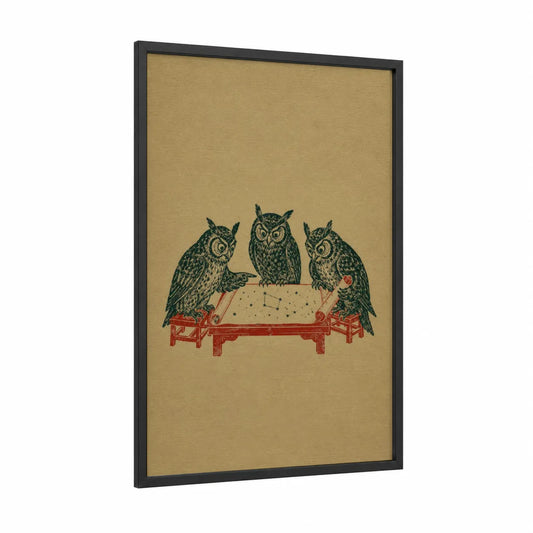 Japanese Owl Trio Wall Art framed art print — black wood frame — beige and dark green palette