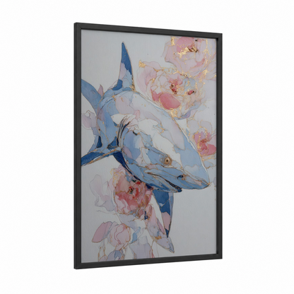 Azure Bull Shark framed art print — black wood frame — blue and pink palette