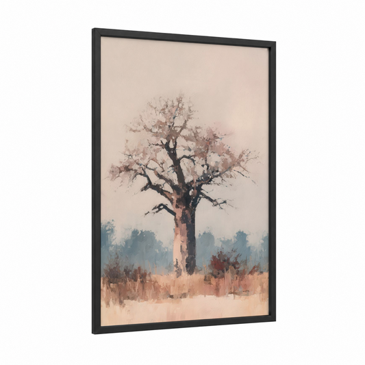 Misty Baobab framed baobab tree print — black wood frame — beige and dove gray palette
