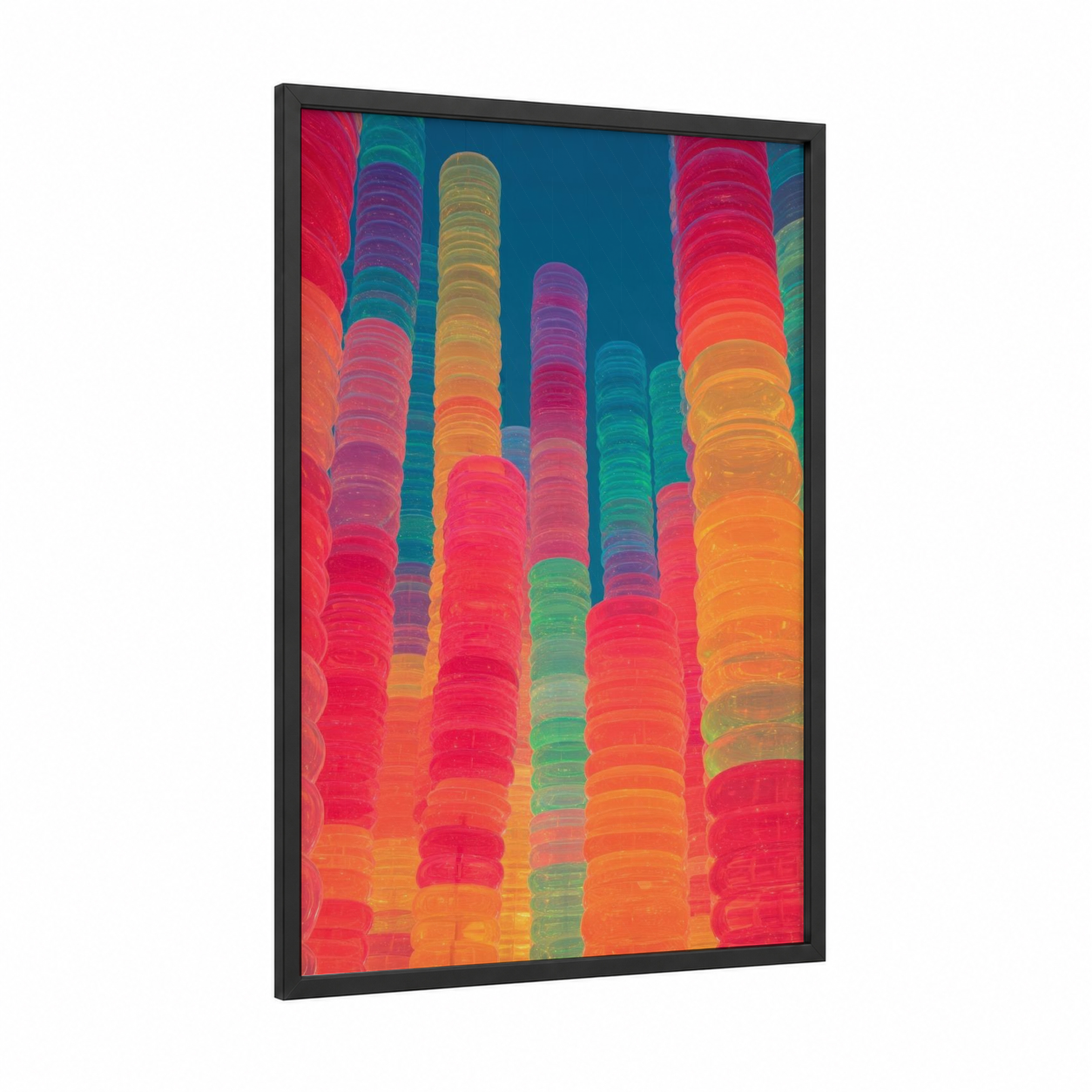 Neon Columns framed art print — black wood frame — magenta and orange palette