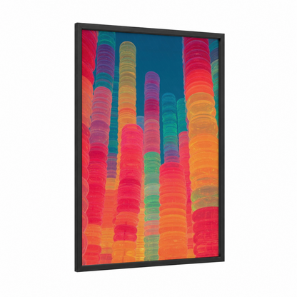 Neon Columns framed art print — black wood frame — magenta and orange palette