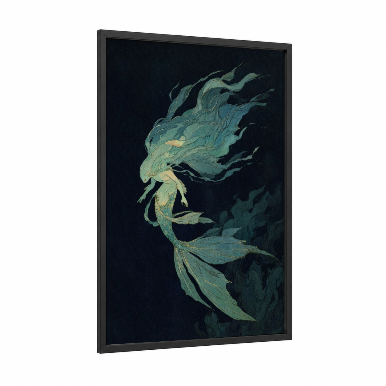 Ethereal Sea Mermaid framed art print — black wood frame — teal and gold palette