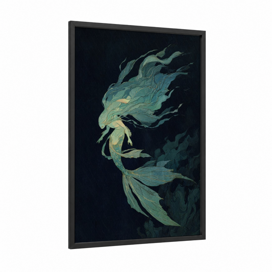 Ethereal Sea Mermaid framed art print — black wood frame — teal and gold palette