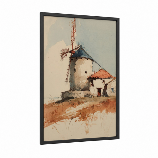 Rustic Windmill framed windmills print — black wood frame — cream and russet palette