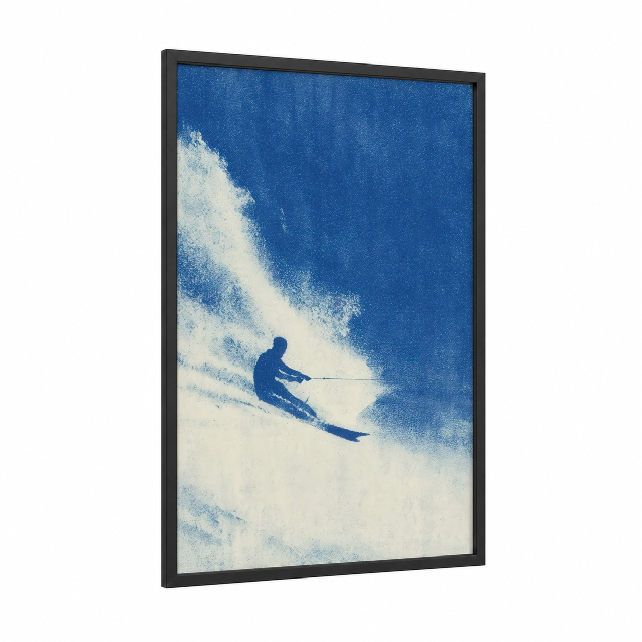 Azure Water Skier framed water skiing print — black wood frame — blue and white palette