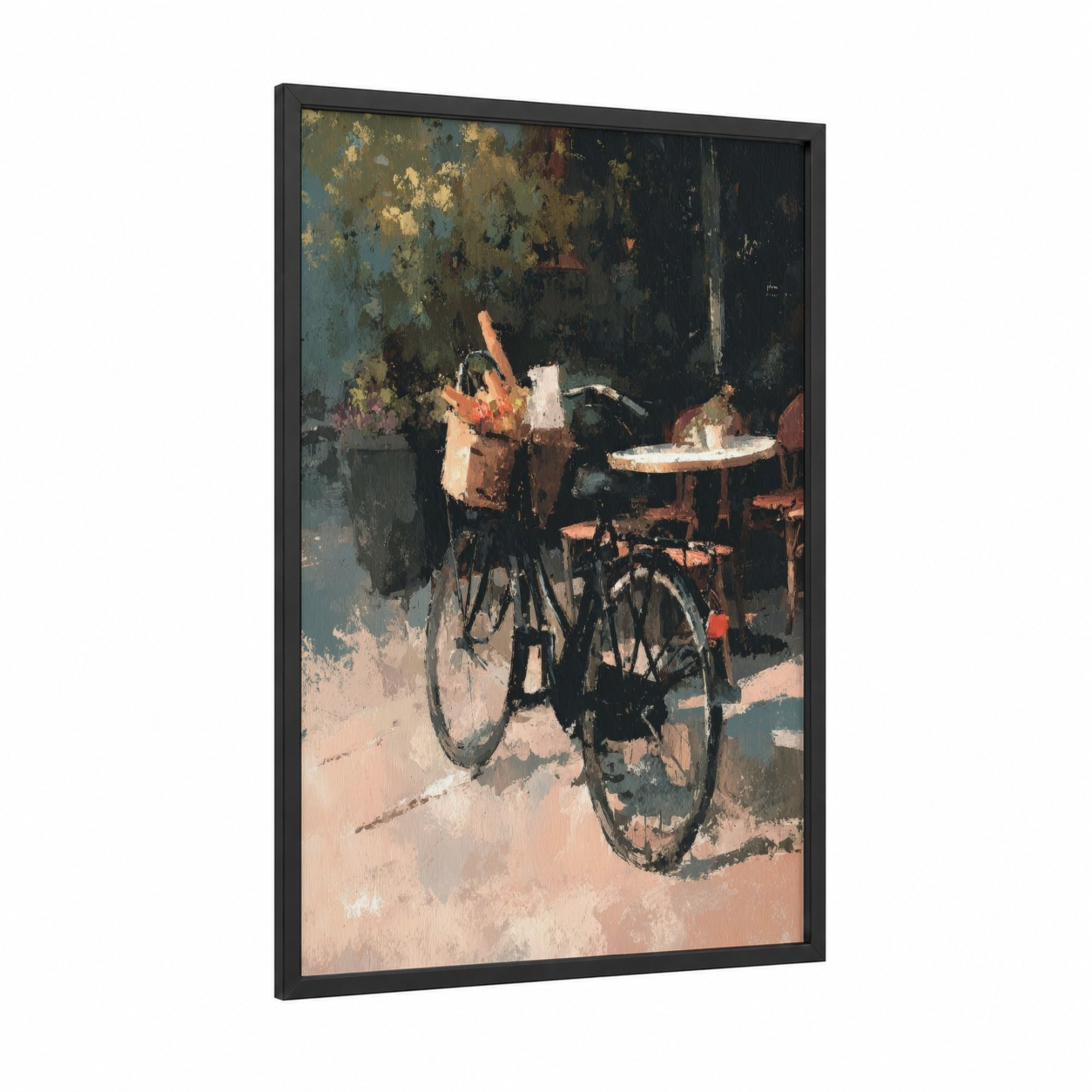 Vintage Bicycle Alley framed urban bicycle print — black wood frame — gray and salmon pink palette