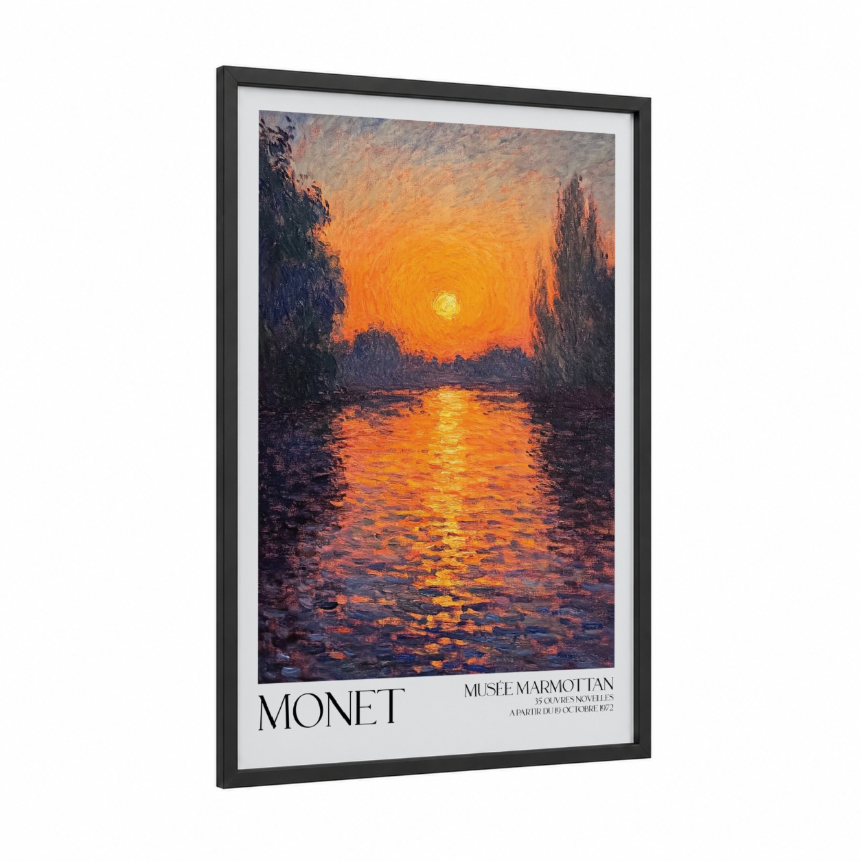 Golden River Sunset framed sunrise and sunset print — black wood frame — gold and orange palette