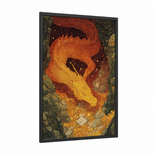 Golden Dragon Treasure framed fairytale print — black wood frame — gold palette