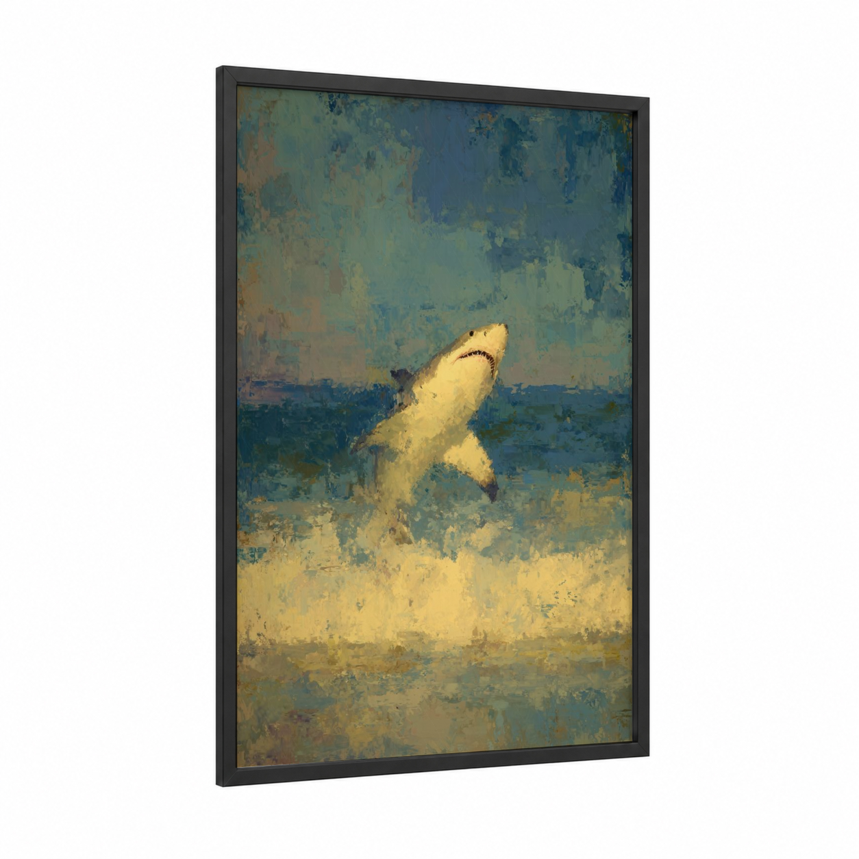 Jumping Sand Tiger framed sand tiger shark print — black wood frame — blue and gold palette