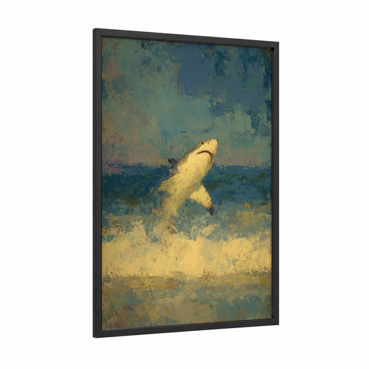 Jumping Sand Tiger framed sand tiger shark print — black wood frame — blue and gold palette