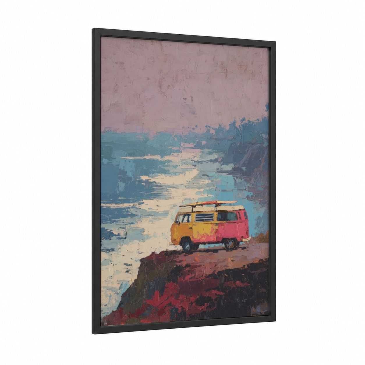Coastal Surfer Van framed art print — black wood frame — turquoise and gold and pink palette