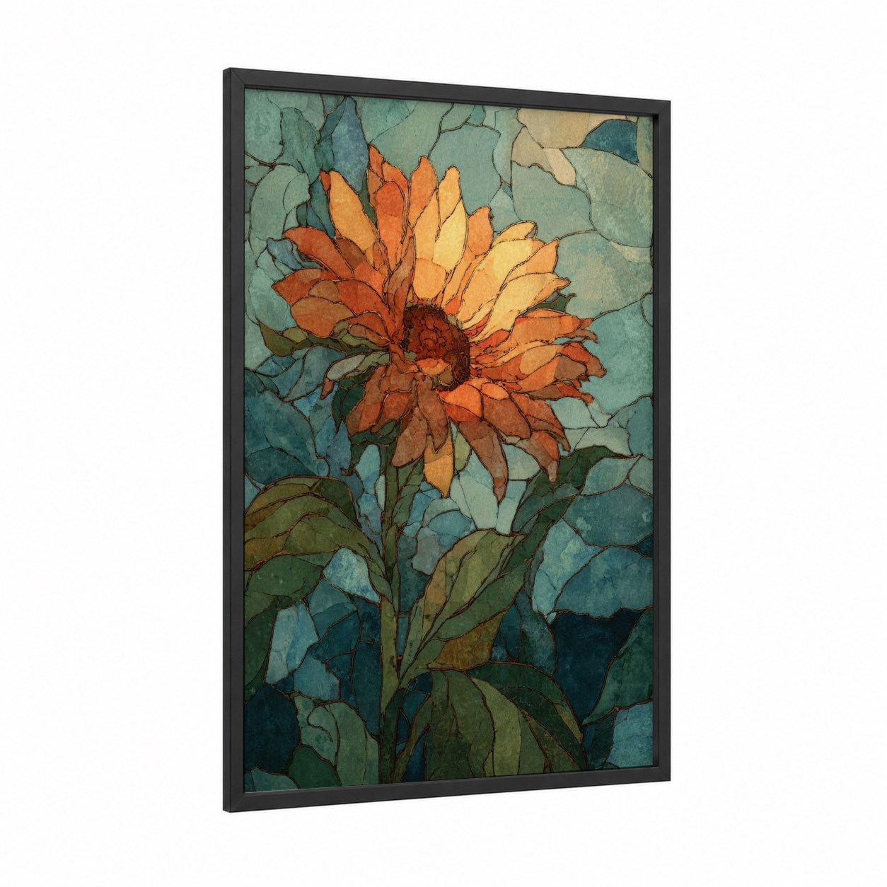 Golden Sunflower framed art print — black wood frame — orange and teal palette