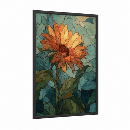 Golden Sunflower framed art print — black wood frame — orange and teal palette