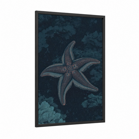 Nocturnal Starfish framed art print — black wood frame — dark blue and teal palette