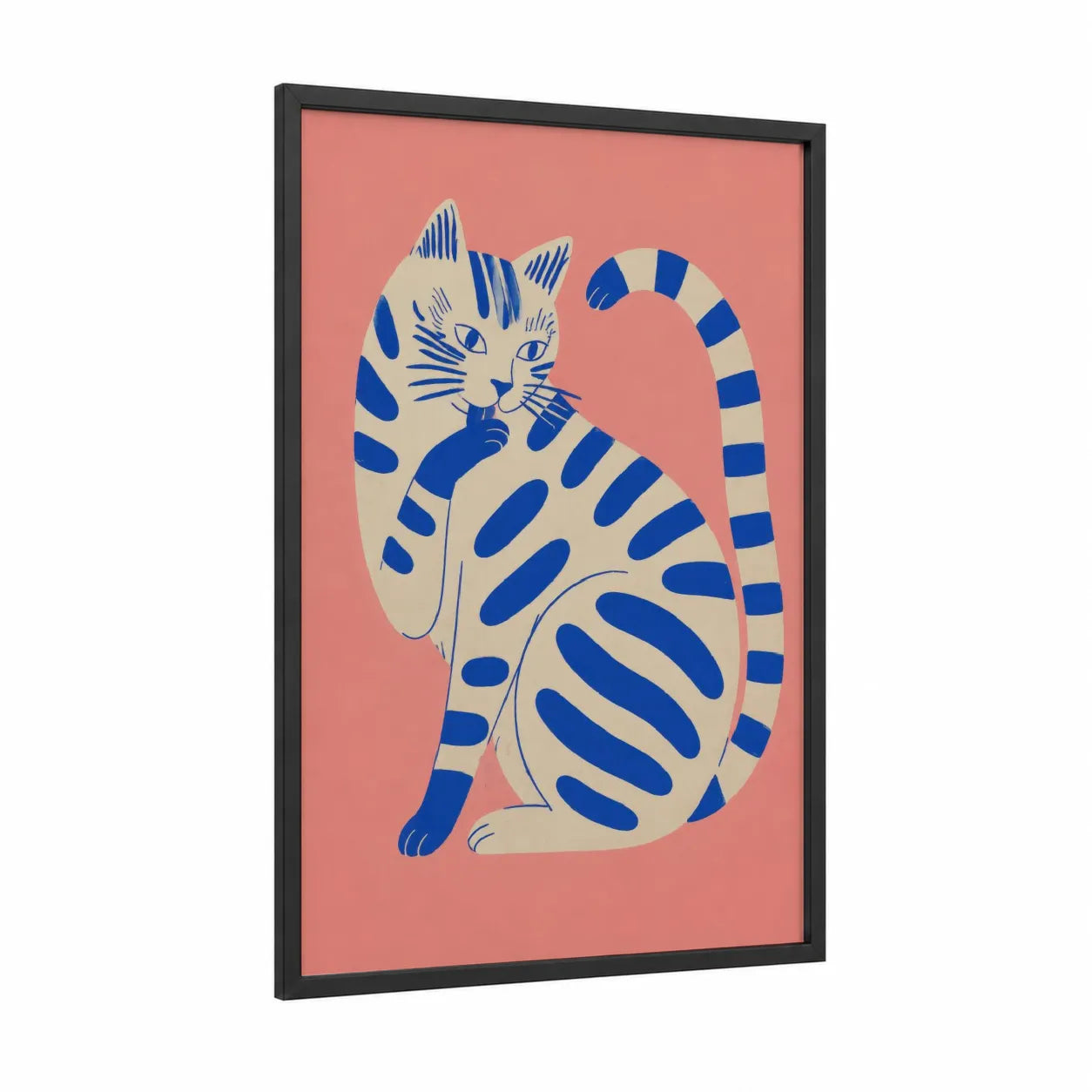 Blue Geometric Cat Wall Art framed art print — black wood frame — blue and peach palette