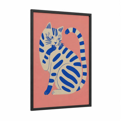 Blue Geometric Cat Wall Art framed art print — black wood frame — blue and peach palette