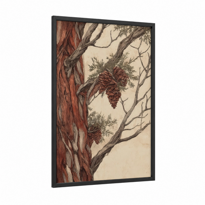 Ancient Redwood Cones framed redwood tree print — black wood frame — russet and beige palette