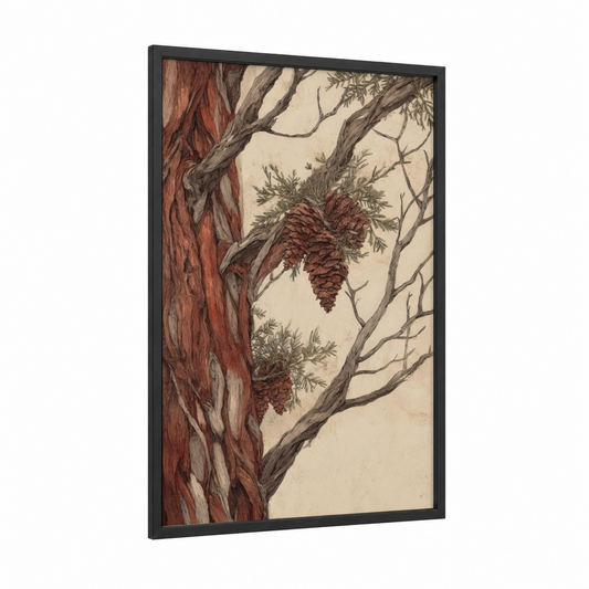 Ancient Redwood Cones framed redwood tree print — black wood frame — russet and beige palette