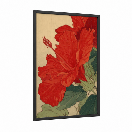 Crimson Hibiscus framed art print — black wood frame — red and cream palette
