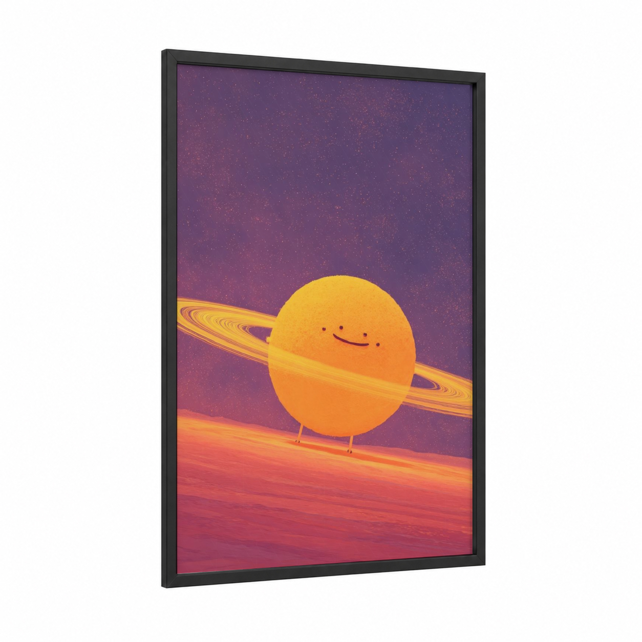 Smiling Planet Saturn framed solar system print — black wood frame — purple and gold palette