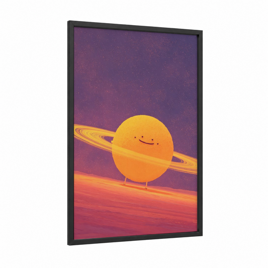 Smiling Planet Saturn framed solar system print — black wood frame — purple and gold palette