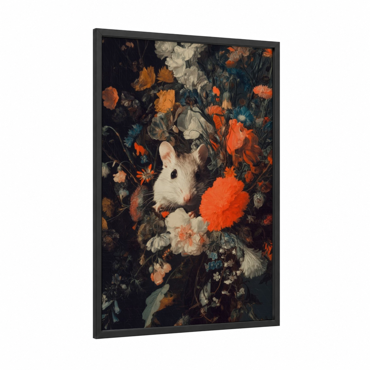 Floral Gerbil framed art print — black wood frame — orange and cream palette