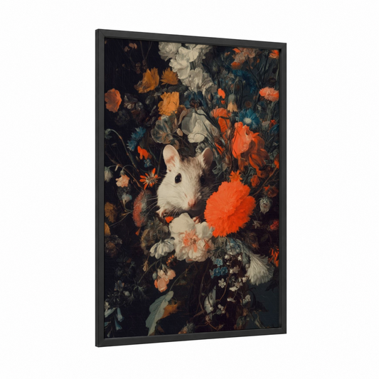 Floral Gerbil framed art print — black wood frame — orange and cream palette