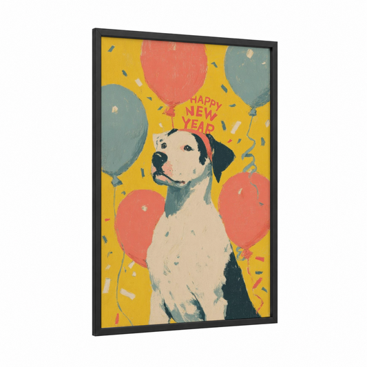 Festive Puppy Party framed new years eve print — black wood frame — yellow and pink palette