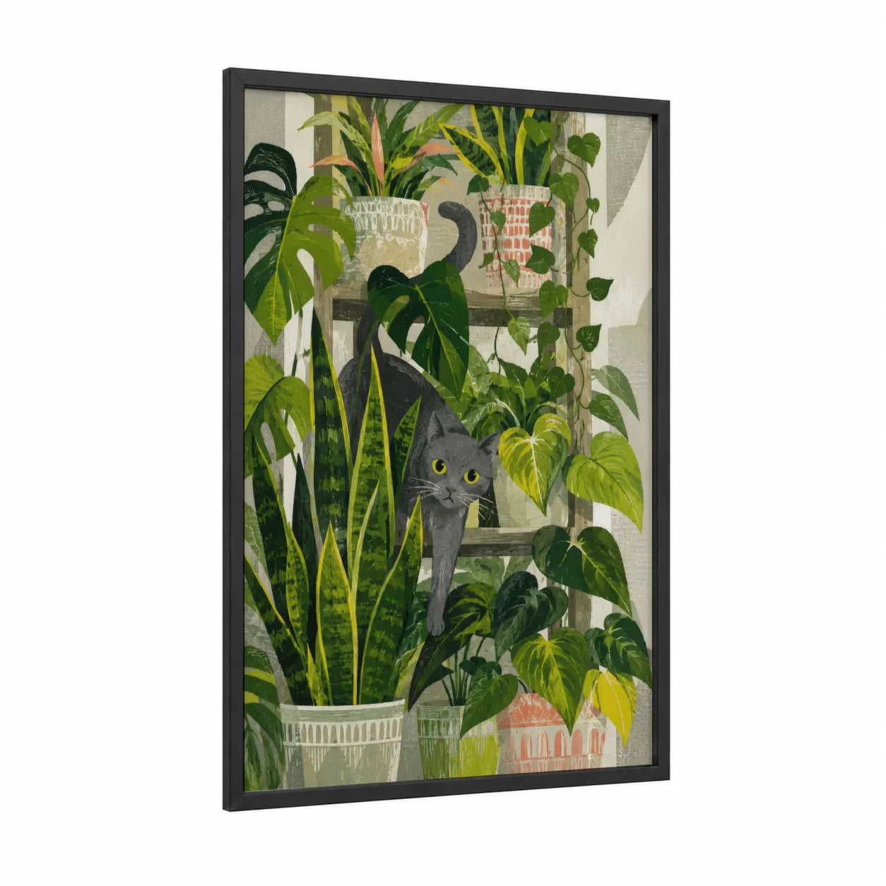 Gray Cat Among Potted Plants Wall Art framed art print — black wood frame — true green and gray palette