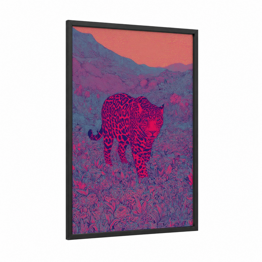 Neon Jaguar framed art print — black wood frame — magenta and blue palette