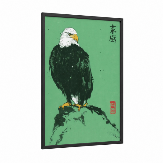Majestic Eagle framed art print — black wood frame — light green and dark green palette