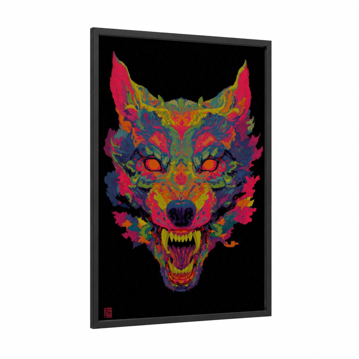 Neon Werewolf framed art print — black wood frame — magenta and gold palette