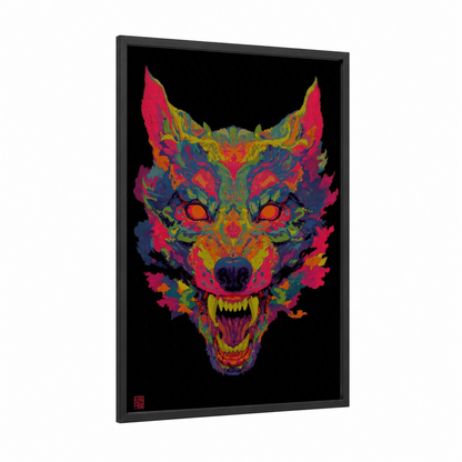 Neon Werewolf framed art print — black wood frame — magenta and gold palette