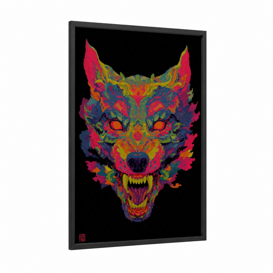 Neon Werewolf framed art print — black wood frame — magenta and gold palette