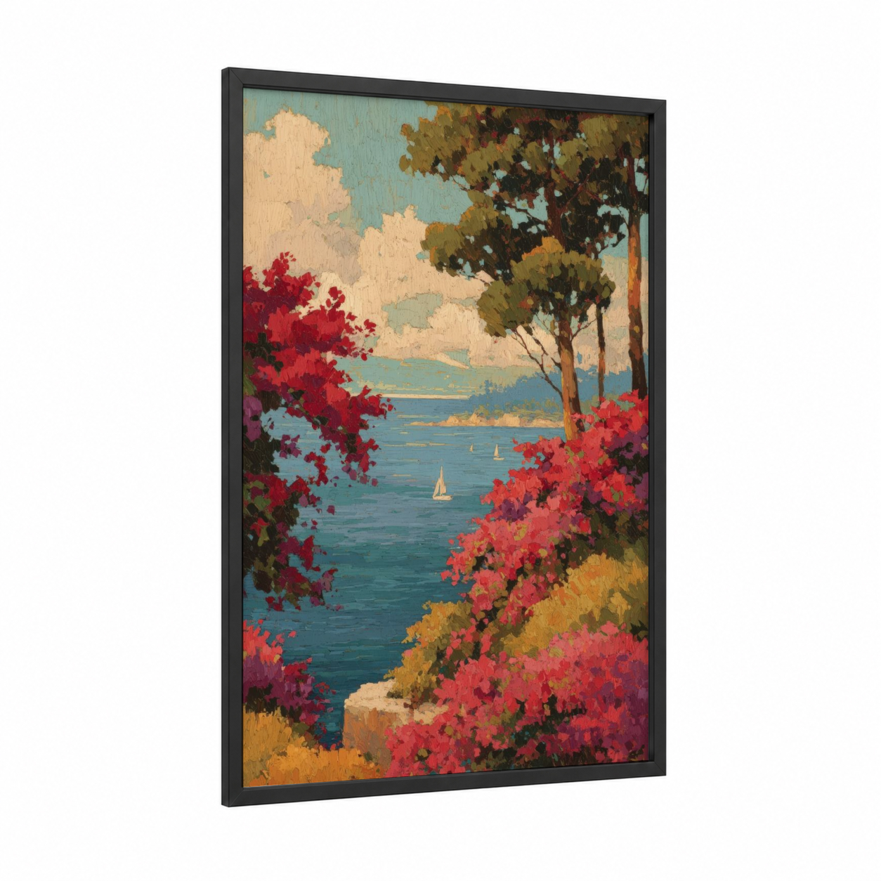 Summer Coastal Landscape framed art print — black wood frame — red and teal palette