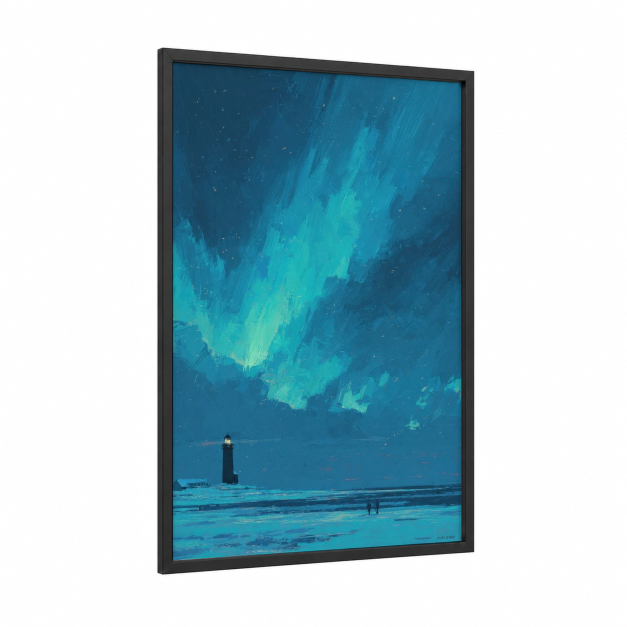 Aurora Lighthouse framed art print — black wood frame — blue and turquoise palette